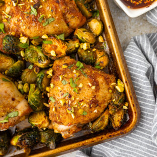 close up of sheet pan hot honey chicken