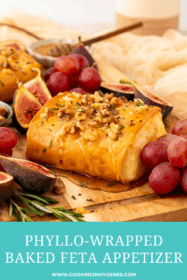 side angle of baked feta on a serving board