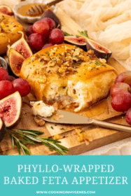 knife cutting into baked feta appetizer