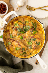 Easy One Pan Marry Me Chicken & Gnocchi Dinner one pan with cooked chicken and gnocchi in a sundried tomato sauce