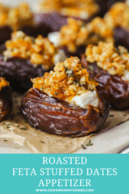 angled photo of roasted feta stuffed dates on a serving tray