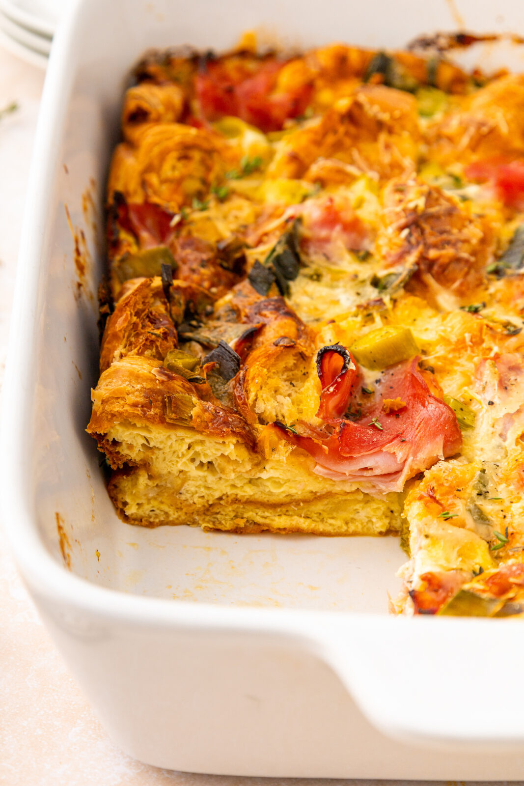 side view of cut piece of Christmas breakfast casserole