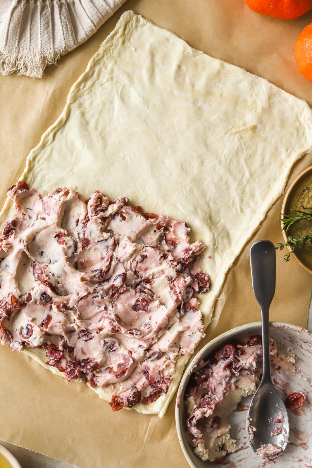 cranberry goat cheese spread on puff pastry