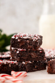 Fudgy Peppermint Mocha Brownies for the Holidays stack of peppermint brownies
