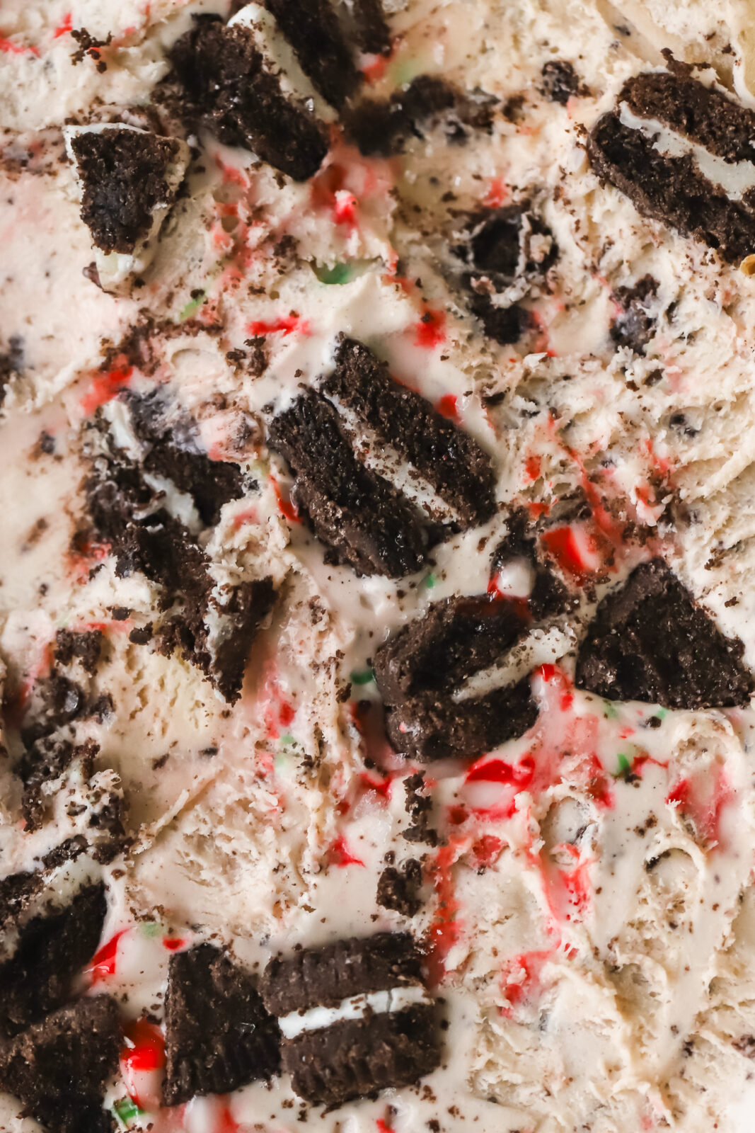 close up of candy canes and oreos in ice cream
