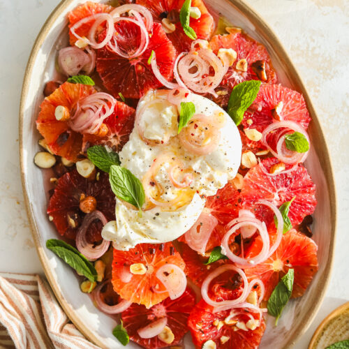 overhead of burrata ball on top of blood orange salad
