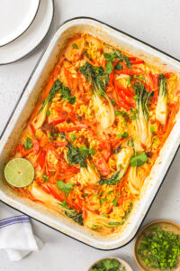 dump and bake ramen noodles and vegetables in a baking dish