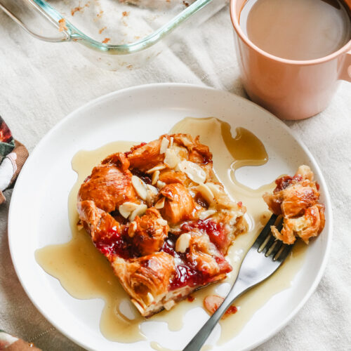 piece of french toast bake on a fork on a plate