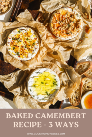 three wheels of camembert cheese, one with lemon and chili flakes, one with garlic and herbs and one with hot honey and walnuts