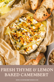 baked camembert cheese with lemon zest, herbs and chili flakes