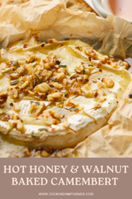 a wheel of melty camembert cheese seasoned with walnuts and hot honey
