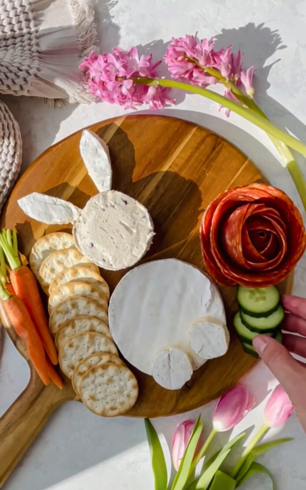 crackers, vegetables, brie cheese and salami on the wooden board