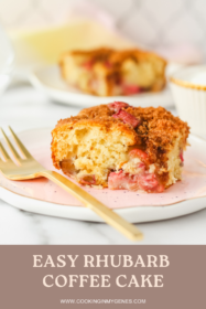 side angle of rhubarb cake with pieces of rhubarb