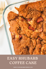 rhubarb coffee cake with crumb topping in a baking pan
