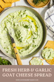 knife scooping out goat cheese dip with fresh herbs