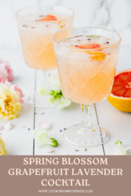 two cocktail glasses with grapefruit juice, lavender bitters and gin