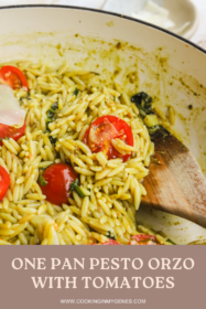 wooden spoon scooping up pesto orzo from a pan