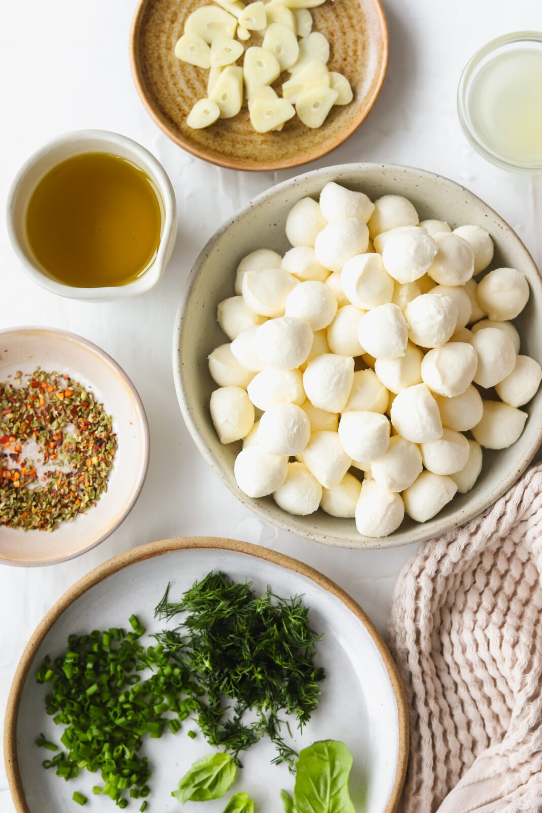 fresh mozzarella balls in a bowl, fresh herbs on a plate, spices and garlic in small bowls