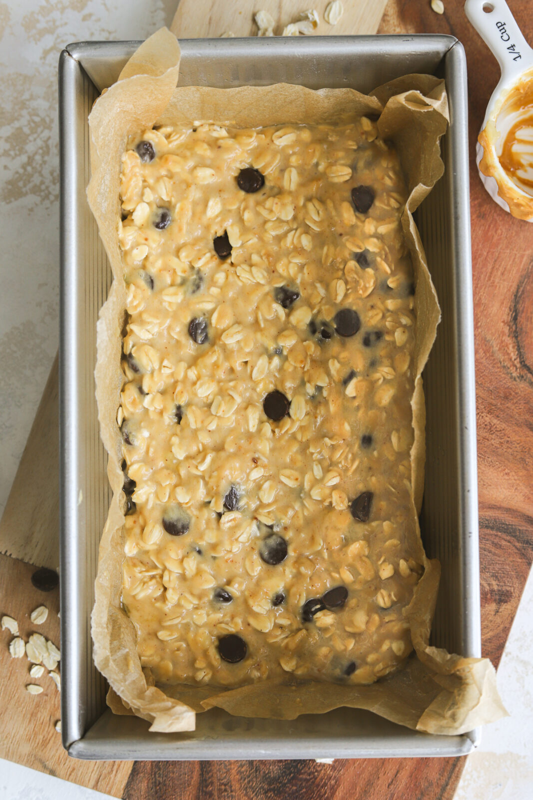 oat bar batter in a loaf pan