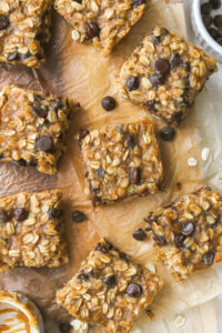 close up of an oat snack bar with chocolate chips