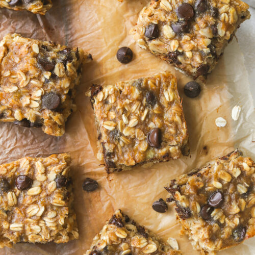 close up of an oat snack bar with chocolate chips
