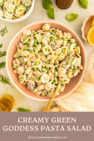 pasta salad with green goddess dressing in a large serving bowl