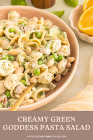 pasta salad with green goddess dressing in a large serving bowl