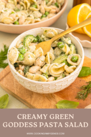 fork in a bowl of green goddess pasta salad