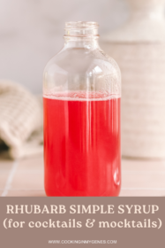 rhubarb simple syrup in a glass bottle