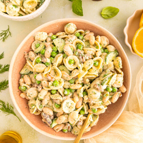 pasta salad with green goddess dressing in a large serving bowl
