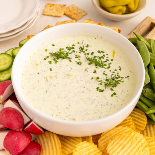 side angle of a bowl of pepperoncini dip