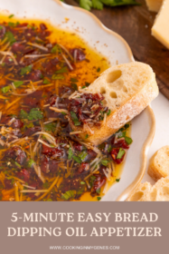 piece of bread dipped into loaded bread dipping oil