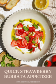 strawberries, burrata, basil, pistachios and olive oil in a bowl