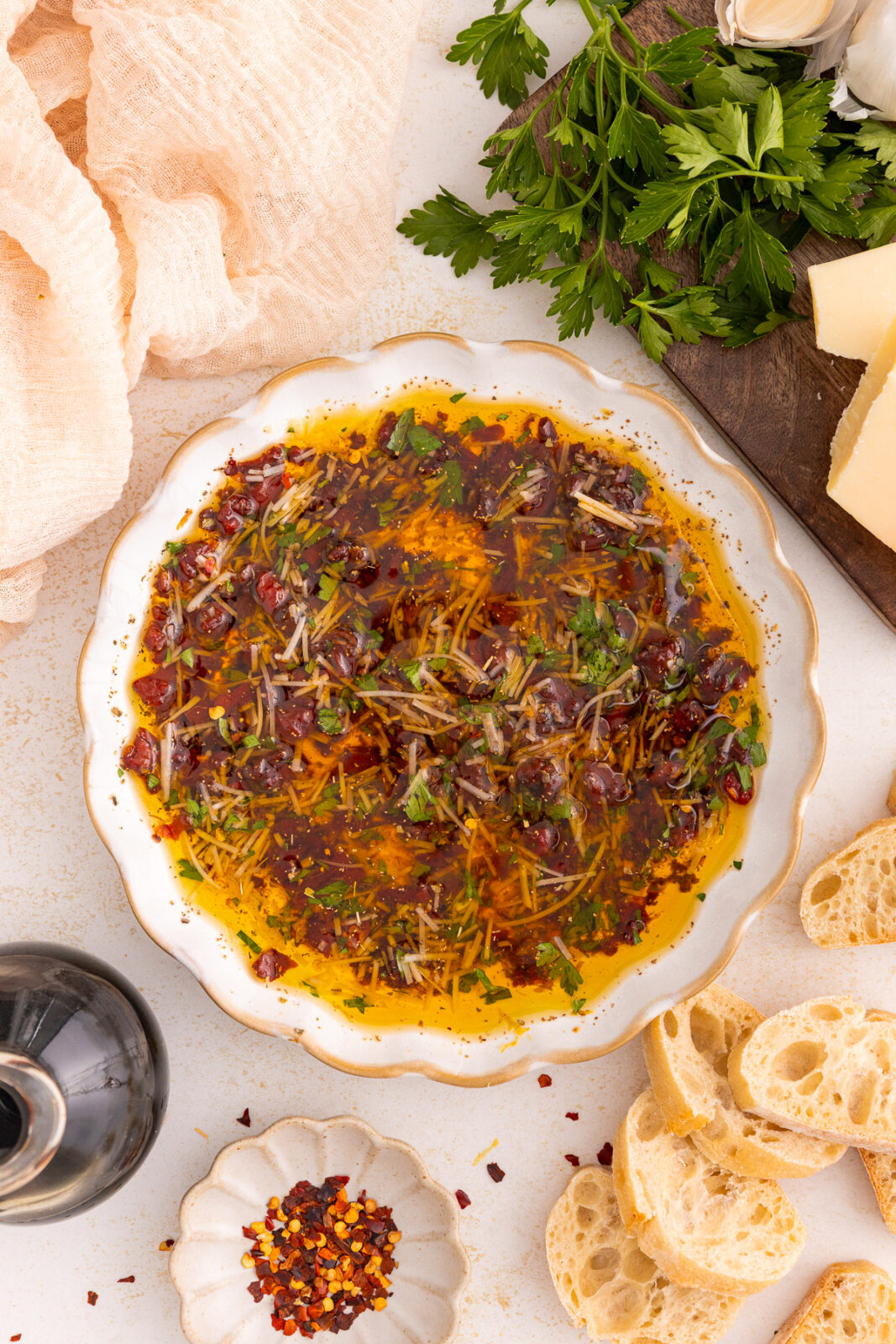 easy bread dipping oil appetizer in a white dish