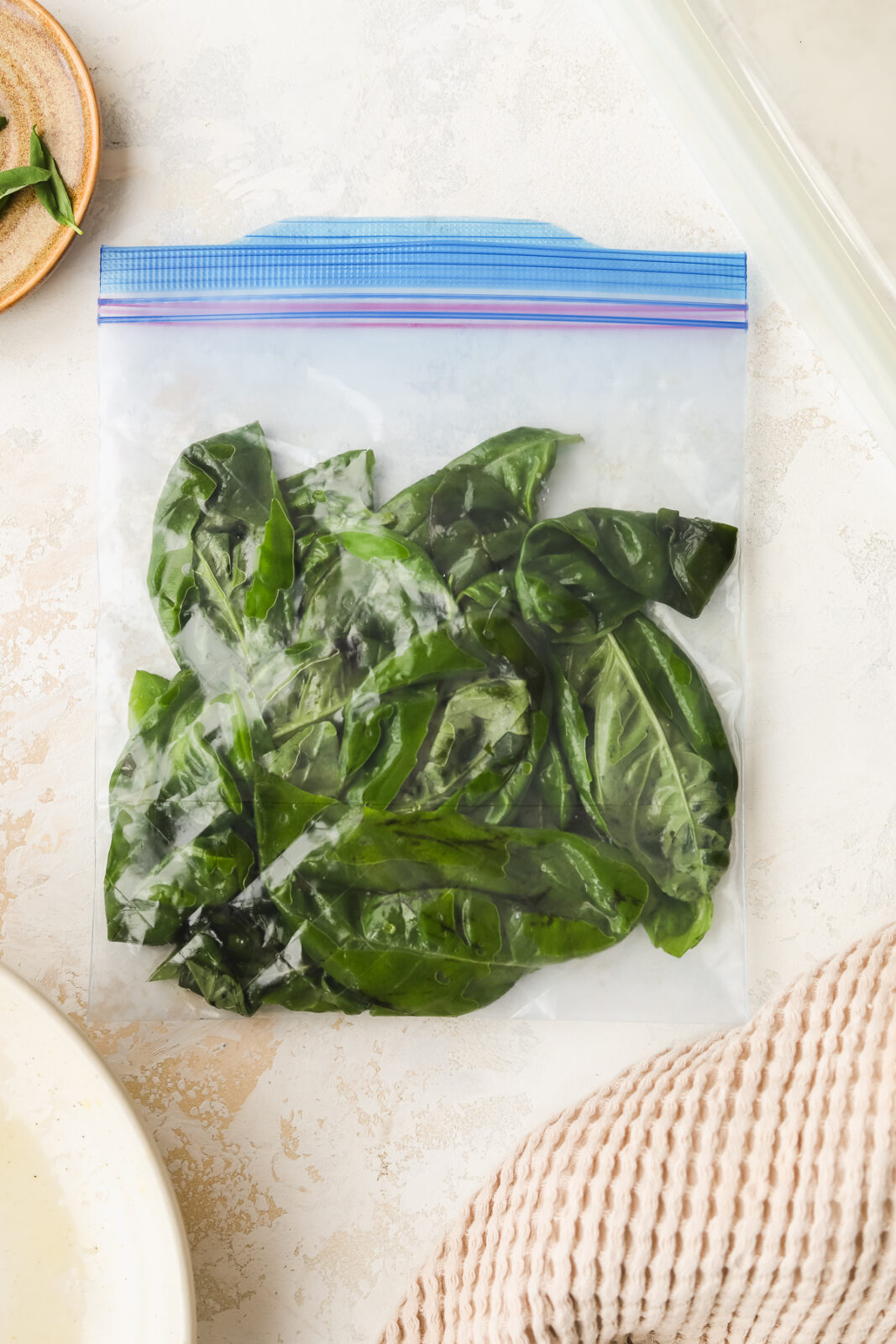 basil in olive oil in a ziptop bag