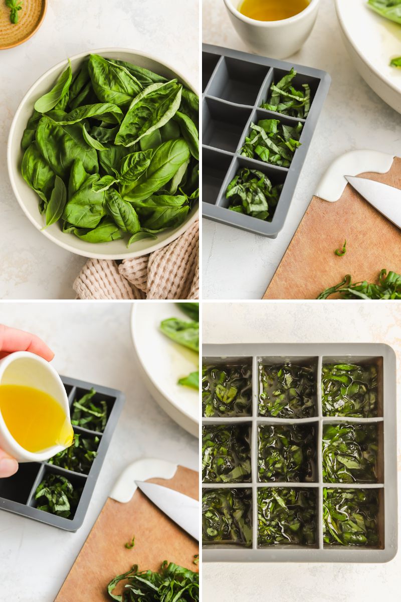 step-by-step photos of freezing basil in olive oil in ice cube trays