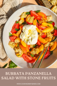 overhead shot of burrata panzanella with stone fruits in a large bowl