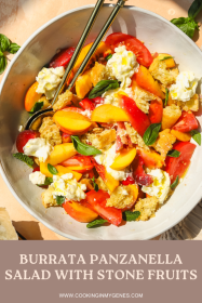 overhead shot of burrata panzanella with stone fruits in a large bowl