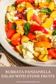 overhead shot of burrata panzanella with stone fruits in a large bowl