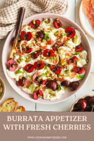 plate of burrata and prosciutto with fresh cherries and basil