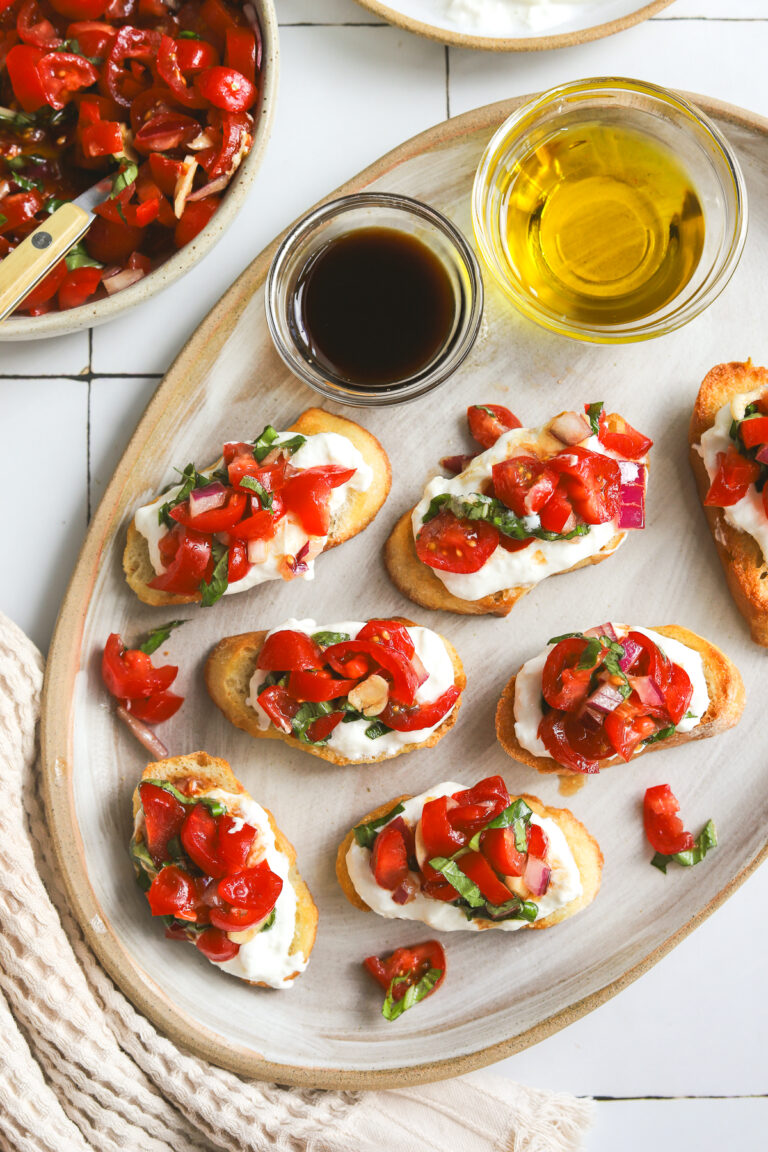 burrata bruschetta on a serving dish
