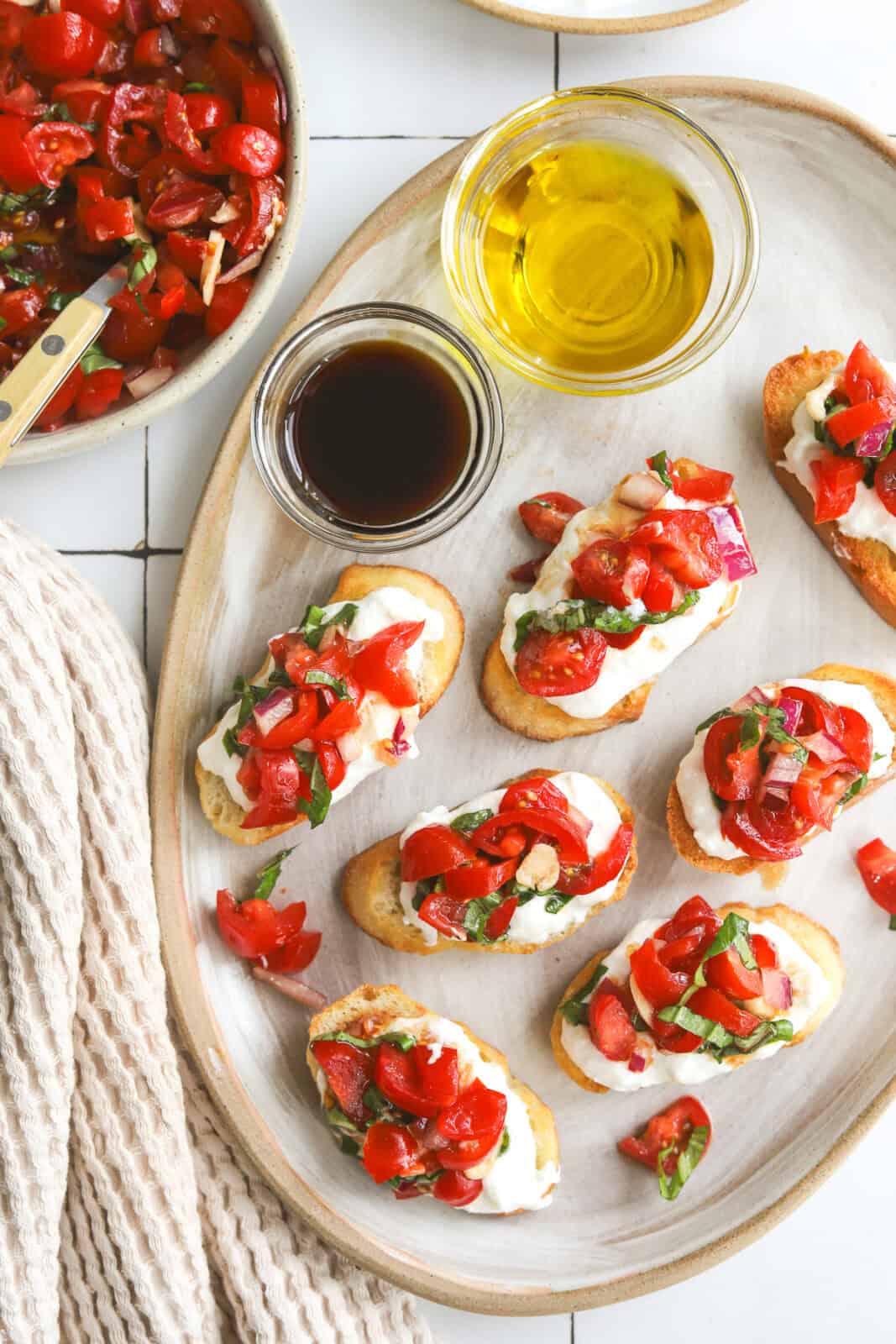 burrata bruschetta on a serving dish
