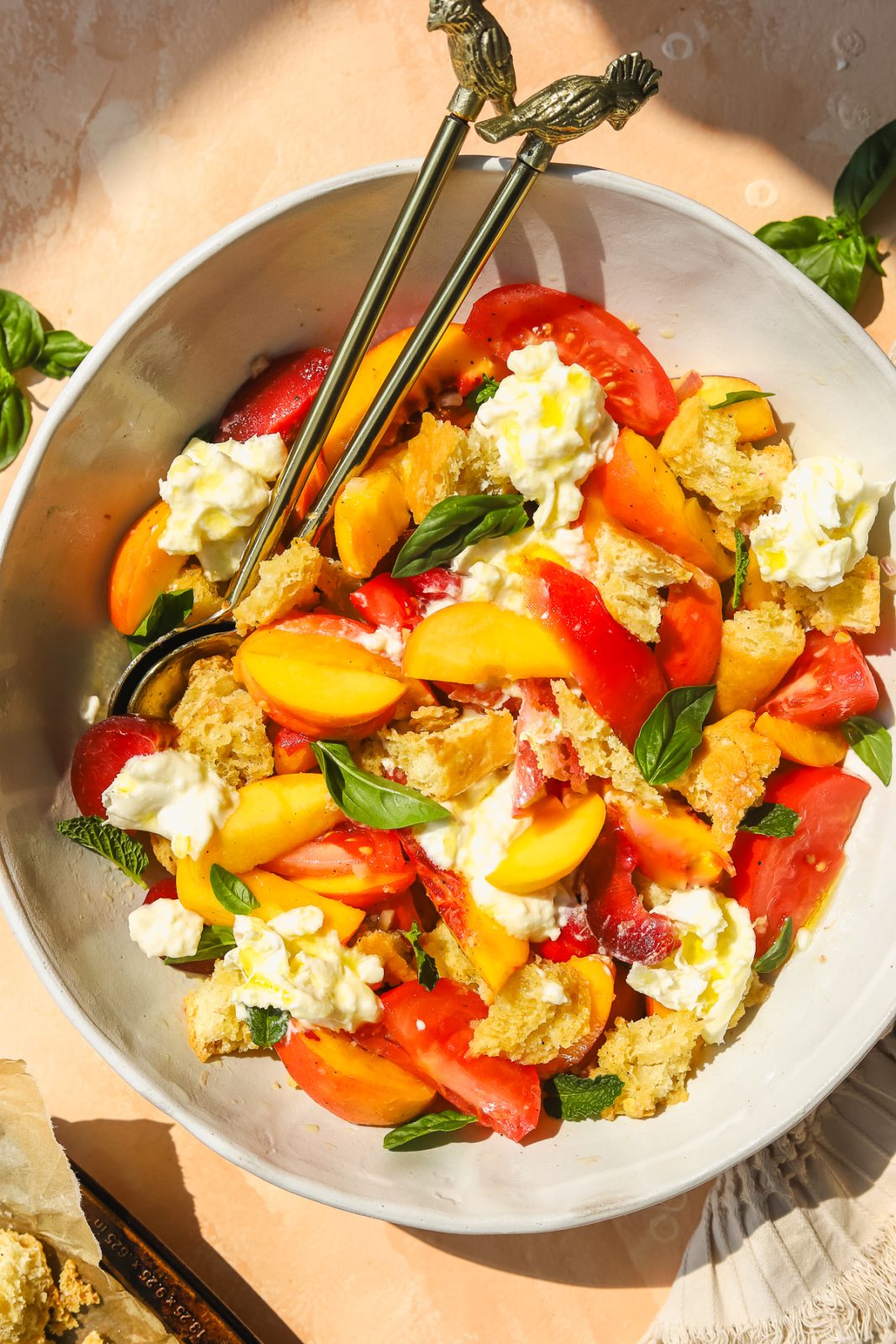 overhead shot of burrata panzanella with stone fruits in a large bowl