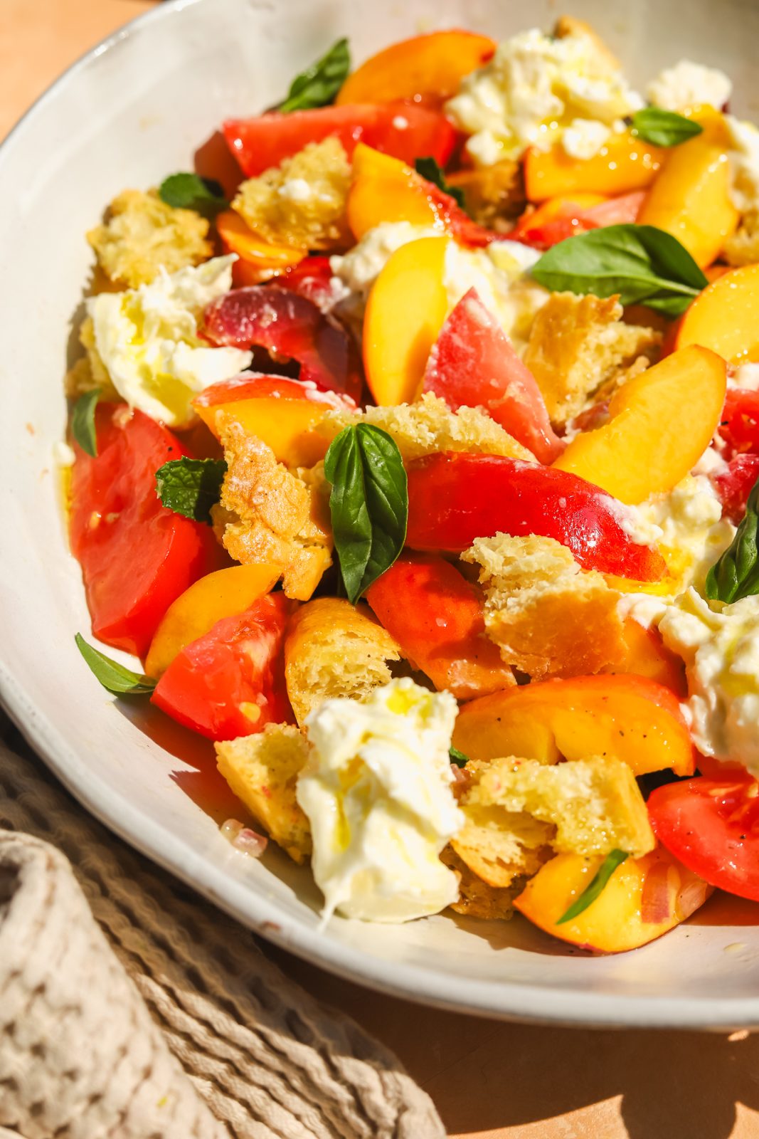 close up of toasted bread and stone fruits in a burrata panzanella salad