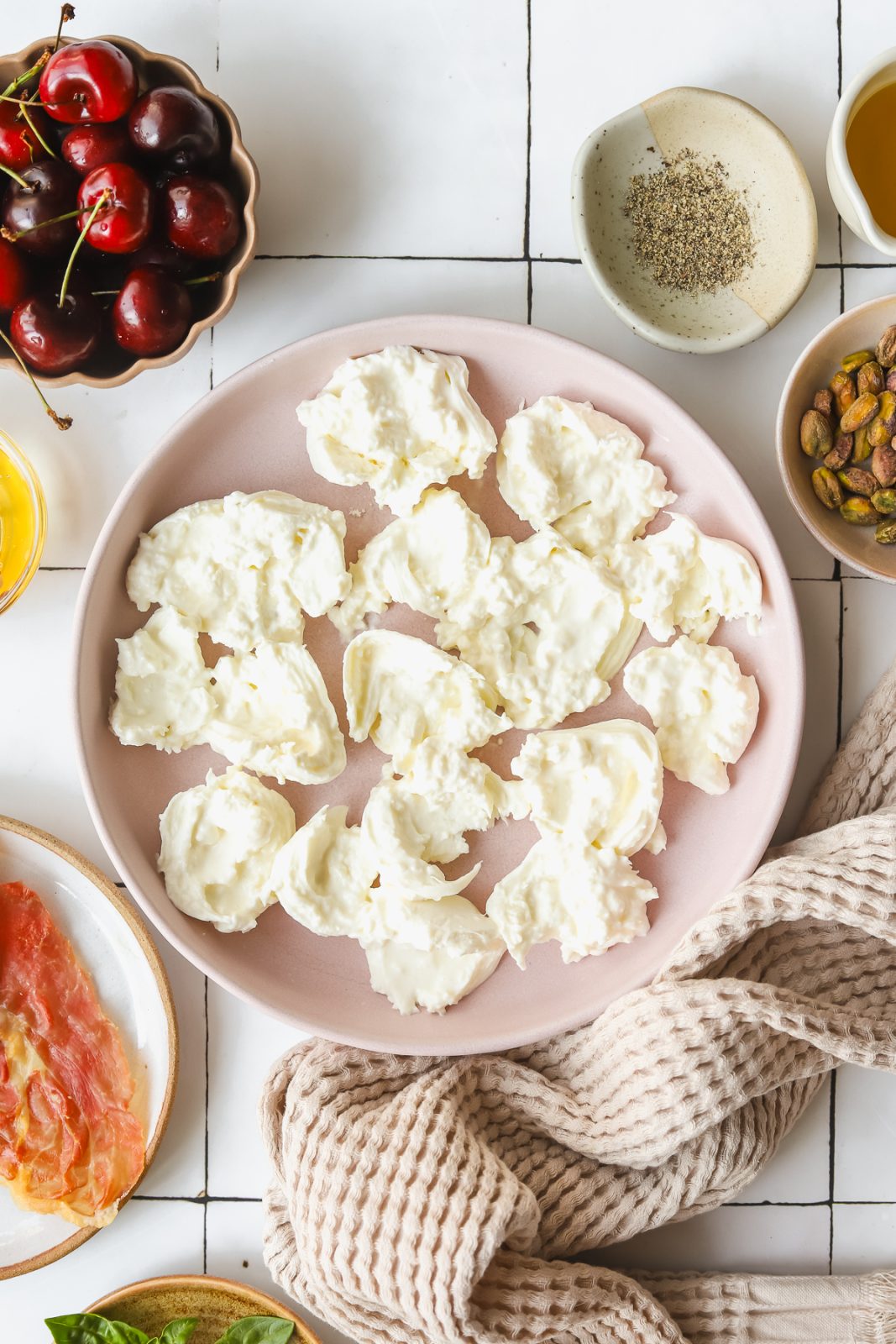 pieces of burrata on a plate