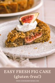 fig cake slice on a plate topped with whipped cream