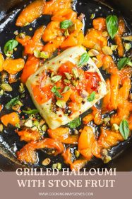 grilled halloumi with apricot slices in a cast-iron pan