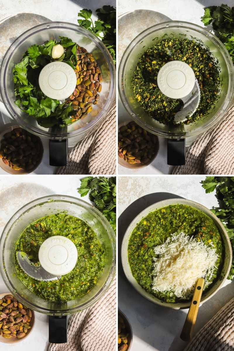 step by step photos on how to make pistachio pesto in a food processor