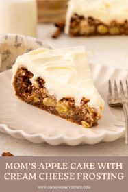 side angle of apple cake with cream cheese frosting