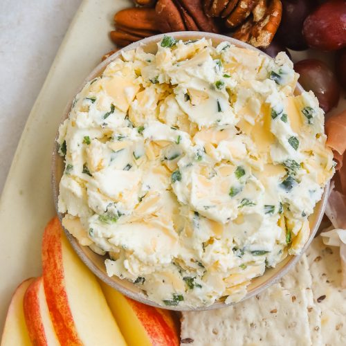 close up gouda cream cheese spread in a bowl